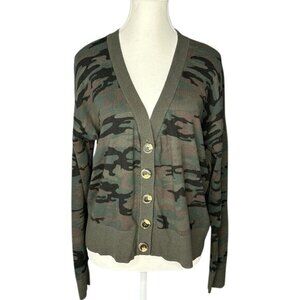 Sanctuary Womens Camo Cardigan Sweater Green‎ Brown V-Neck Button Front Small